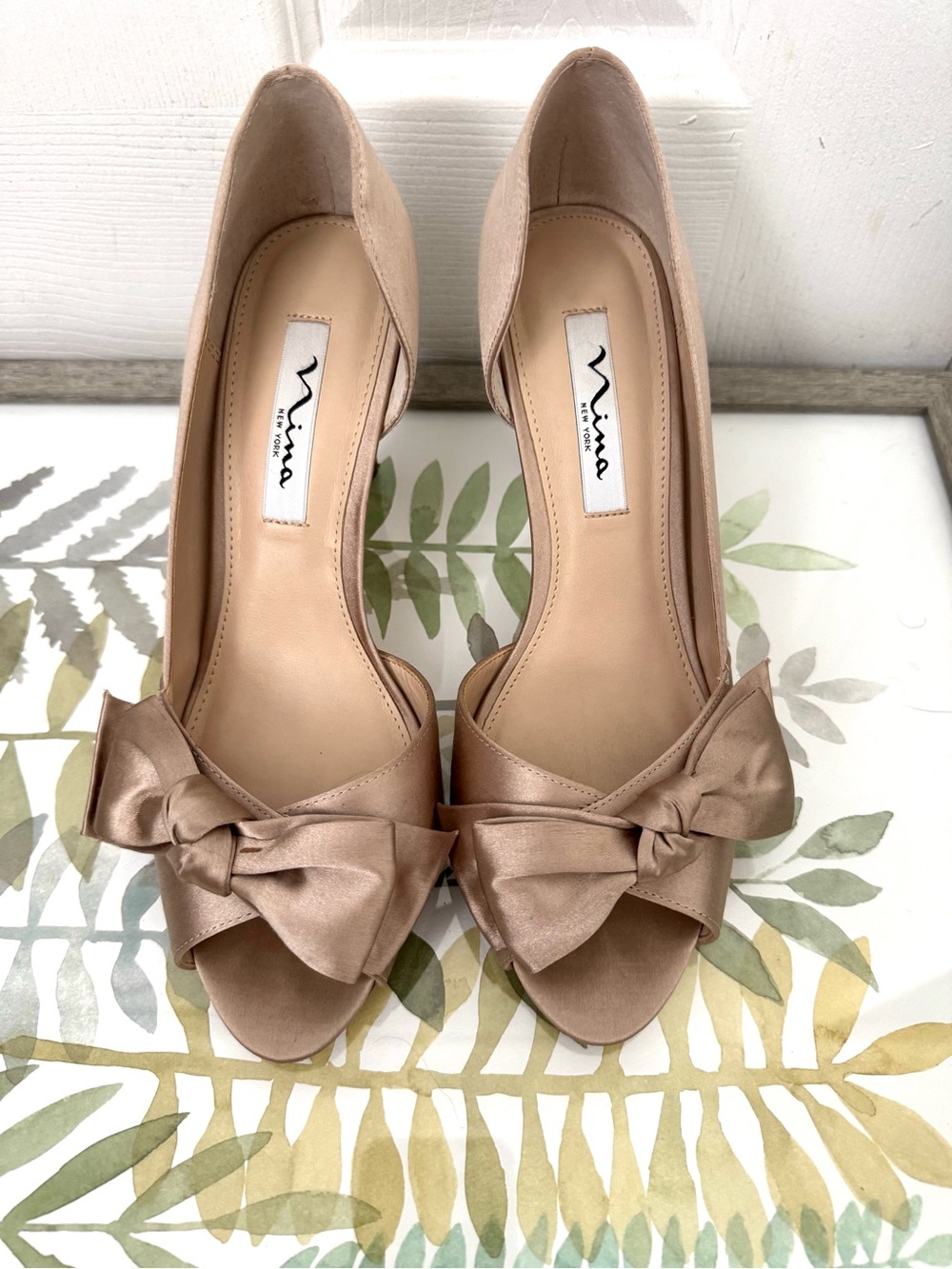 Nina Satin Bow Peep-Toe Pumps in Champagne Taupe